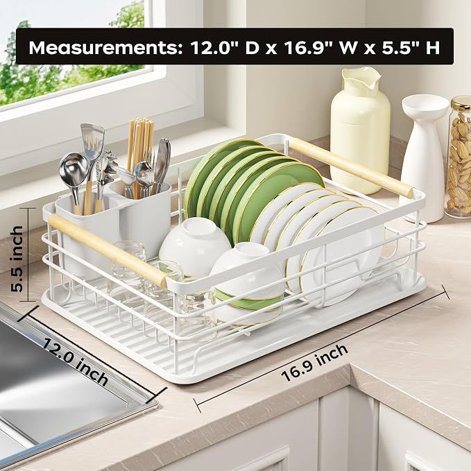 Dish Racks for Kitchen Counter: Wooden Handles, Thickened Metal, No Assembly. Small Dish Drying Rack: Ideal for Small Households. Drying Rack Kitchen: White - Image 7
