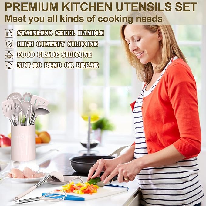 Umite Chef Silicone Kitchen Cooking Utensil Set, 43 pcs Spatula Set with Stainless Steel Handle, Non-stick Heat Resistant - Best Cookware Set-(Khaki) - Image 7
