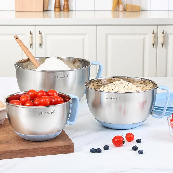 Stainless Steel Mixing Bowls Set with Lids,1.5,3 & 5 Qt,Light Blue | Non-Slip Silicone Base,Precision Pour Spout,Ergonomic Easy-Grip Handle,Measurement Marks,Airtight Lids,Cooking & Meal Prep - Image 7