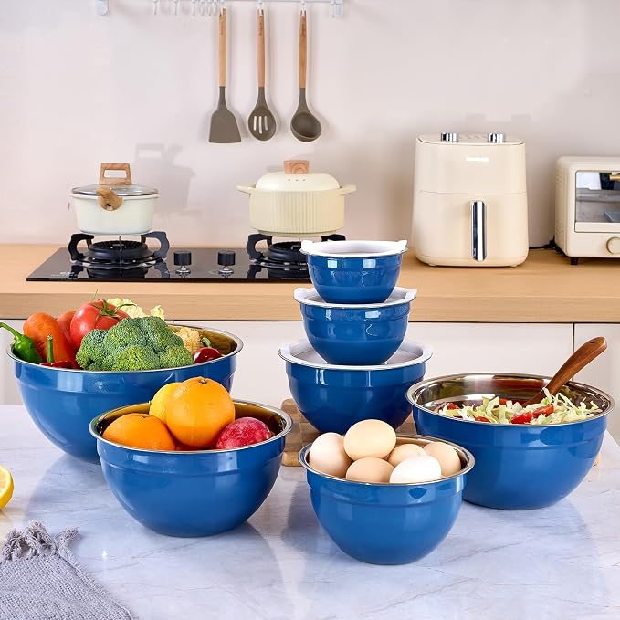 Blue Mixing Bowls with Lids Set of 7, Stainless Steel Nesting Bowl with Khaki Lid for Non-slip Mixing Prepping Storing Serving, 7 Sizes-7/3.6/2.7/2.1/1.5/1/0.8 QT - Image 9