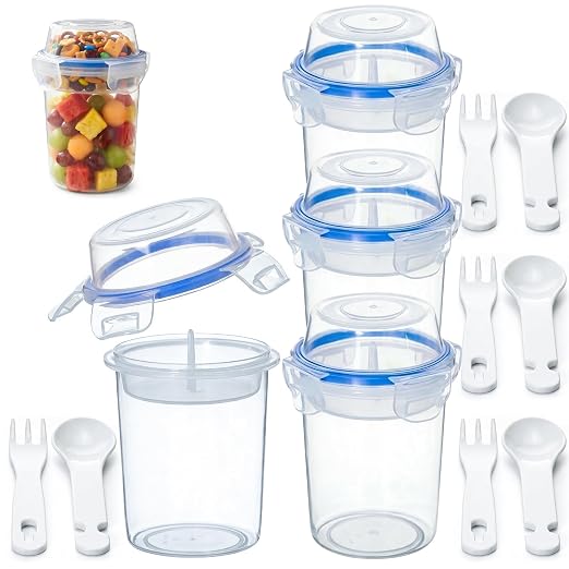 480ml Airtight Cereal Storage Container with Separate Topping Cup Leak-Resistant Clip-Lock Lid Stackable Snack & Yogurt Cup for On-the-Go Breakfast Travel School Office & Daily Use, Set of 4 - Image 8