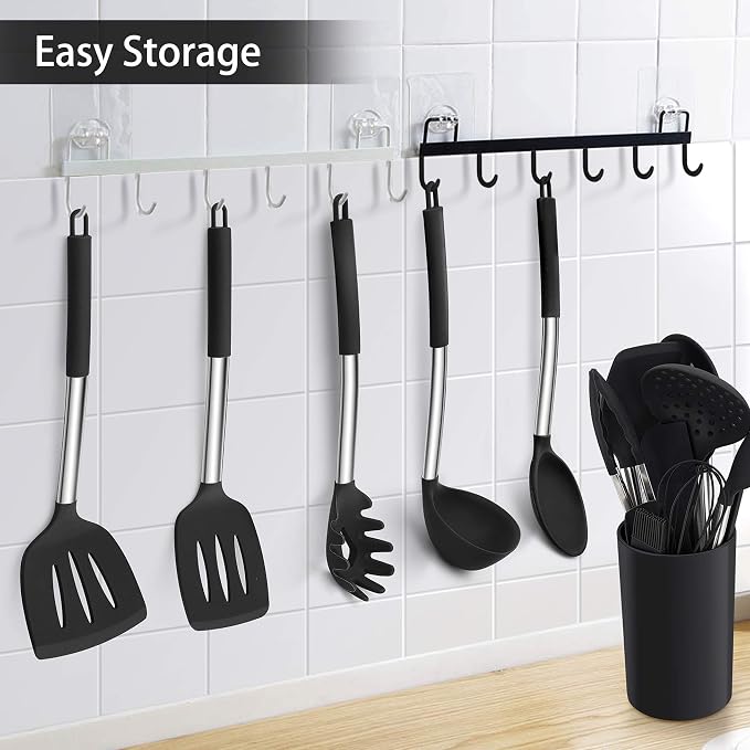 LIANYU 15-Piece Kitchen Cooking Utensils Set with Holder | Silicone Kitchen Tools Stainless Steel Handle, Slotted Spatula Spoon Turner Tong Whisk Brush for Cooking, Black - Image 7