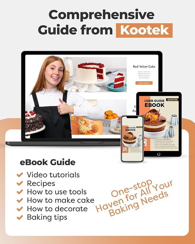 Kootek 180 Aluminum Cake Decorating Kit, Baking Tools for Beginners & Pros | Smooth Rotating, All-in-1 Kit, Easy to Clean, Cake Stand Turntable for Decorating Display Baking, Piping Bags and Tips Set - Image 7