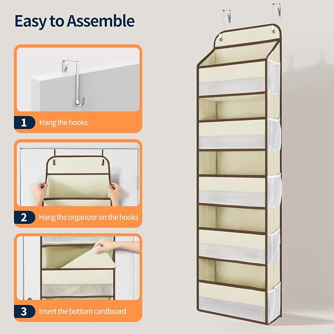 Yecaye Over The Door Organizer Storage, 5-Tier Heavy Duty Door Organizers Hanging with 10 Side Mesh Pockets, 44 lbs Load Capacity Behind Door Storage for Bathroom Nursery Bedroom Dorm Closet,Beige,1Pc - Image 9
