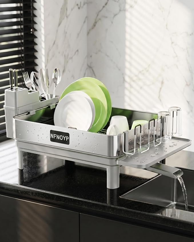 Dish Drying Rack, 304 Stainless Steel Dish Rack and Drainboard Set, Rustproof Dish Drainer with Anti-Pooling Automatic Drainage, Large Capacity Kitchen Counter Organizer, Grey - Image 8