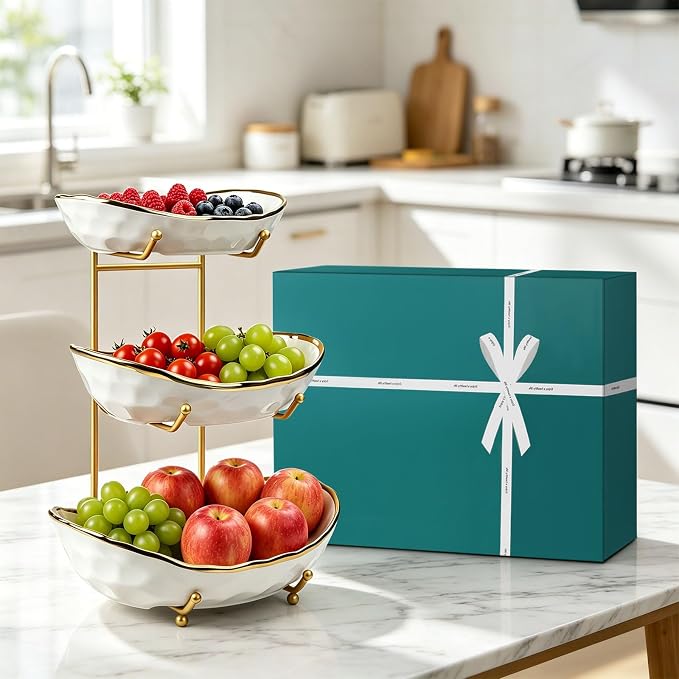 Fruit Bowl for Kitchen Counter - 3 Tier Ceramic Fruit Rack, Fruit Basket for Fresh Fruit&Veggies, Tiered Fruit Platter Serving Trays for Party - Image 9