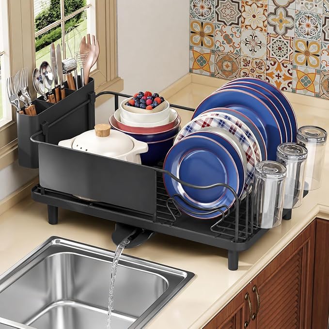 KINGRACK Dish Drying Rack for Kitchen Counter, Dish Drainer with Cup Holder | 16.9"L x 12.4" W Dish Rack with Spacious Drying Capacity, Quick Auto Dish Drainer for Plate Dish Dinnerware, Black - Image 8