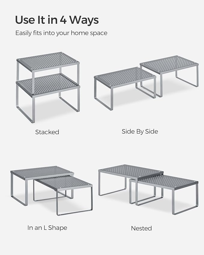 SONGMICS Spice Racks, Set of 2 Metal Cabinet Shelf Organizers, Countertop Organizers, Shelf Risers, Stackable, Expandable, Silver UKCS01SV - Image 7