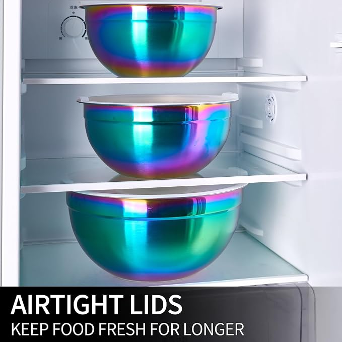 Rainbow Mixing Bowls with Lids Set of 7, Stainless Steel Nesting Bowl with Khaki Lid for Non-slip Mixing Prepping Storing Serving, 7 Sizes-7/3.6/2.7/2.1/1.5/1/0.8 QT - Image 7