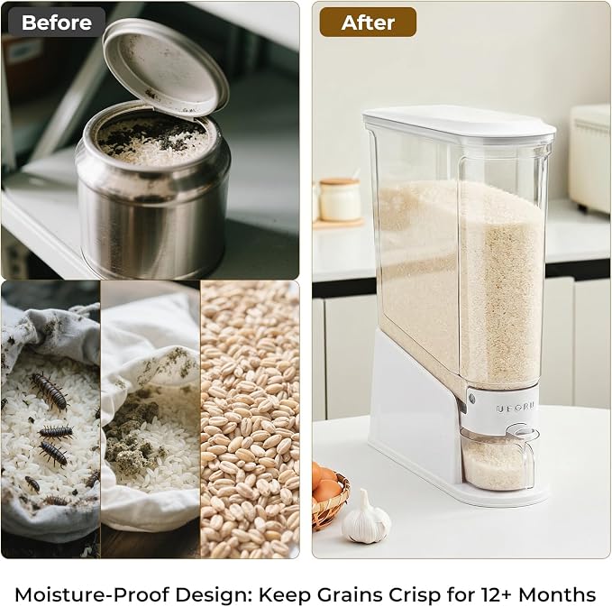 UFORU Slim Rice Dispenser 22 LB,Clear Rice Storage For Small Spaces | White,BPA-Free Sealed Design for Rice, Grain And Cereal,Rice Container Fits Narrow Pantry Shelves and Countertops - Image 7
