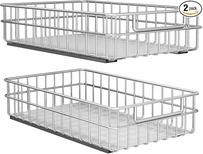 Pull out Cabinet Organizer, Stainless Steel 2-Pack (11.8"W x 21"D) Full-Extension Slide out Drawer, Adhesive Roll out Can Spice Storage Basket Shelf Rack for Pantry, Kitchen, Bathroom, Home Closet by Kitstorack