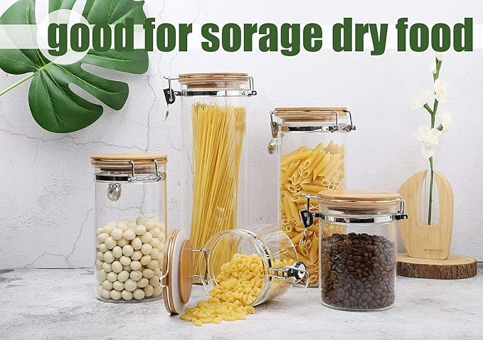 KKC 68oz Glass Spaghetti Container with Airtight Bamboo Clamp Lid - 2000ml Tall Pasta Storage Jar & Long Noodle Holder Keep Fresh Dispenser for Kitchen Pantry Storage Organization - Image 7