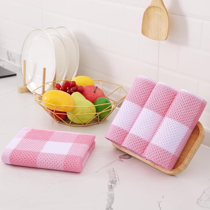 Homaxy Kitchen Towels and Dishcloths Set, Set of 16, White & Pink | Bulk Cotton Waffle Weave Check Plaid Kitchen Towels, Super Soft and Absorbent Dish Cloths, 12 x 12 and 13 x 28 Inches - Image 8