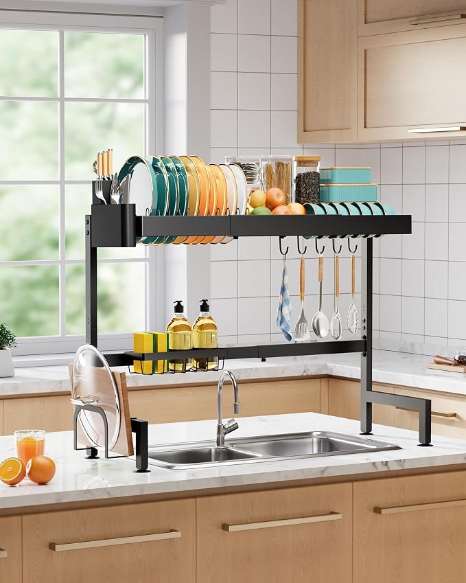 Sakugi 2-Tier Dish Drying Rack Over The Sink, Expandable for Counter | Rustproof Stainless Steel Kitchen Storage Accessories, Space-Saving 30"–34.5"Lx12"Wx25"H, Black - Image 8
