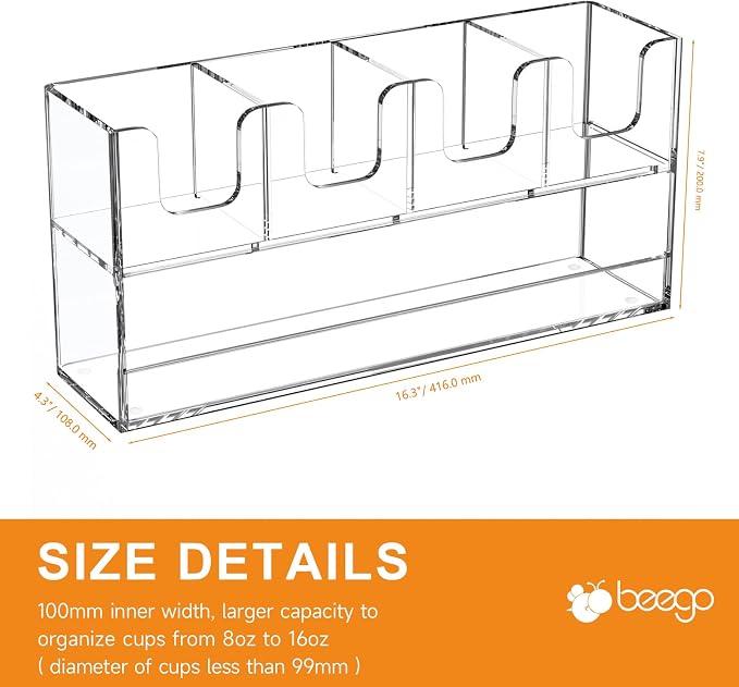 Beego 5-Compartment Cup Holder for Countertop - 2-Tier Clear Acrylic Cup Dispenser Coffee Station Paper Cup and Lid Organizer Condiment Storage for Restaurant Breakroom Kitchen Bar Accessories - Image 9