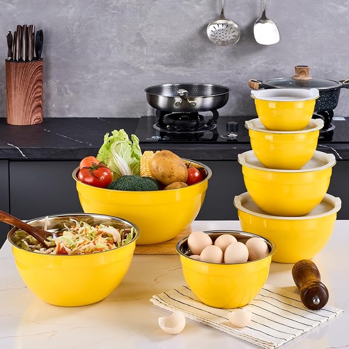 Yellow Mixing Bowls With Airtight Lids,Stainless Steel Bowl,Salad Bowls 7 Piece Colorful Nesting Bowl Yellow Kitchen Accessories,Size 7,3.6,2.7,2.1,1.5,1.1,0.8QT Stackable Design - Image 9