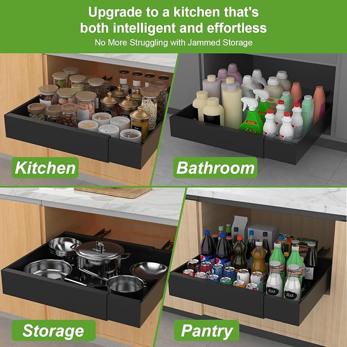 2-Pack Expandable Pull Out Cabinet Organizer 21"Deep(12.2"-20.5"W), 3 Full Extension Glides Slide Out Drawers, Roll Out Shelves Adhesive Raising Pad,Compatible Framed Cabinets,90lb Cap,Black - Image 7