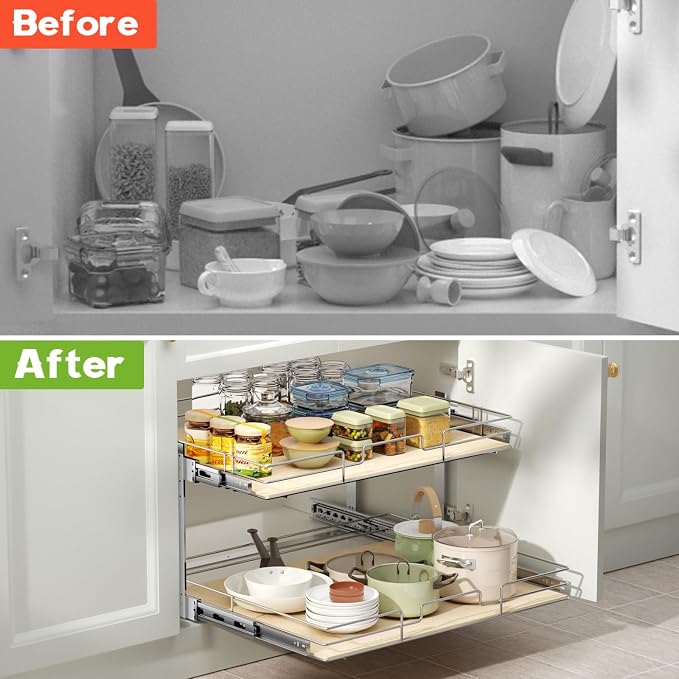 ROOMTEC 2 Tier Individual Pull Out Cabinet Organizer 22½"W x 21½"D, Slide Out Wood Shelves Organizers, Pull Out Drawers Organization and Storage for Kitchen Cabinet - Image 7