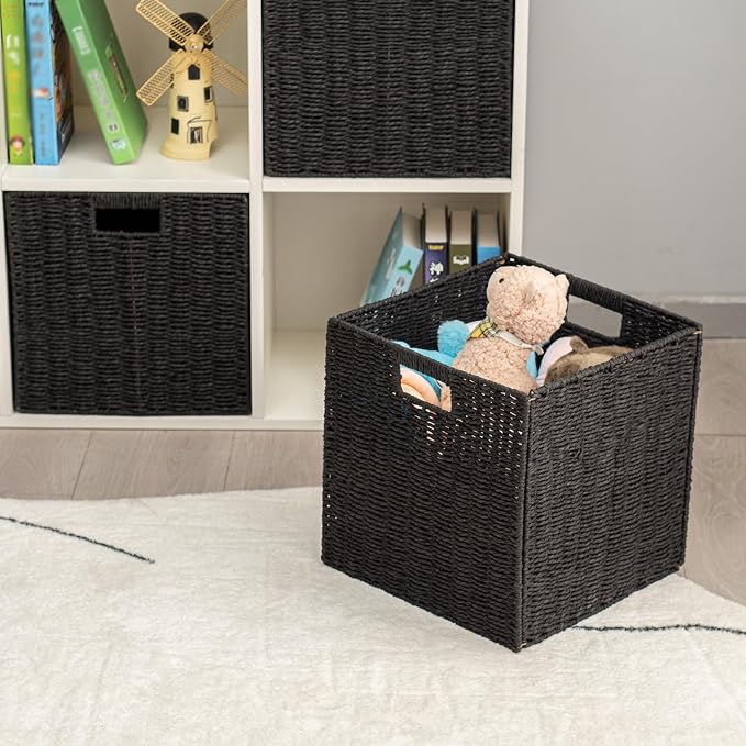 Handwoven Paper Woven Cube Basket Organizer with Handles set of 4 Foldable Storage baskets for Bedroom Living Room Cubby Storage Units for Clothes Books Toys (Black, 13" L x 13" W x 13" H) - Image 8