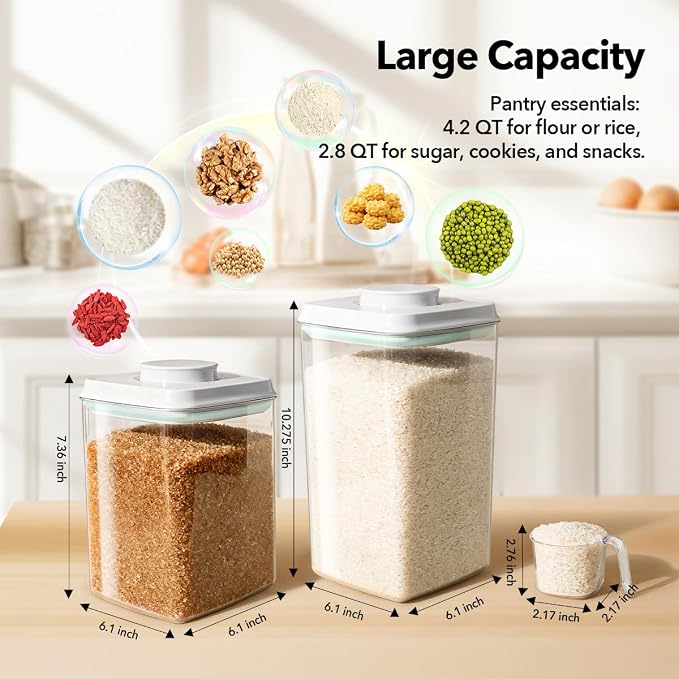 Food Storage Container Sets, 2.8 Qt + 4.2 Qt Airtight Canisters with Lids and 130ml Scoop, BPA-Free Plastic Pantry Containers for Flour, Sugar, Rice - Image 6
