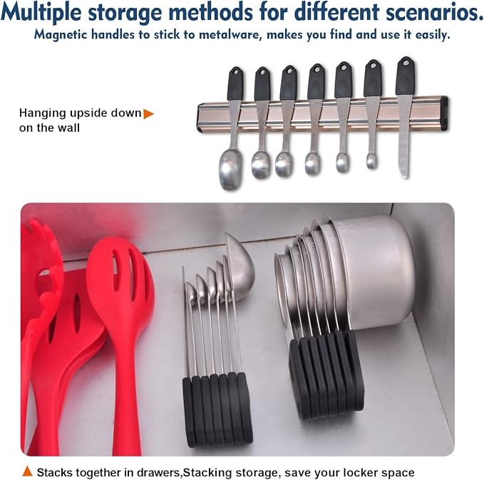 Magnetic Measuring Cups Set, 7 Pieces 18/8 Stainless Steel Stackable Nesting Heavy Duty Metal Measure Cups, Color Silicone Handle Kitchen Tools for Dry and Liquid Ingredients (14, Black) - Image 9