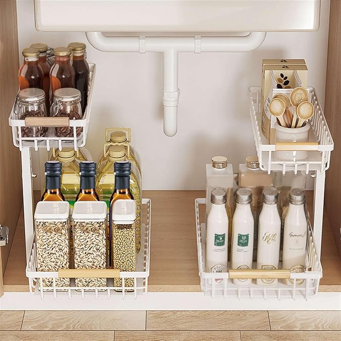 2 Pack Under Sink Organizer Cabinet for Kitchen Bathroom, 2 Tier Metal Slide Out Under Sink Drawers, Adjustable Height, Under Sink Pull Out Organizers and Storage, White,13.7" H-17 H - Image 6