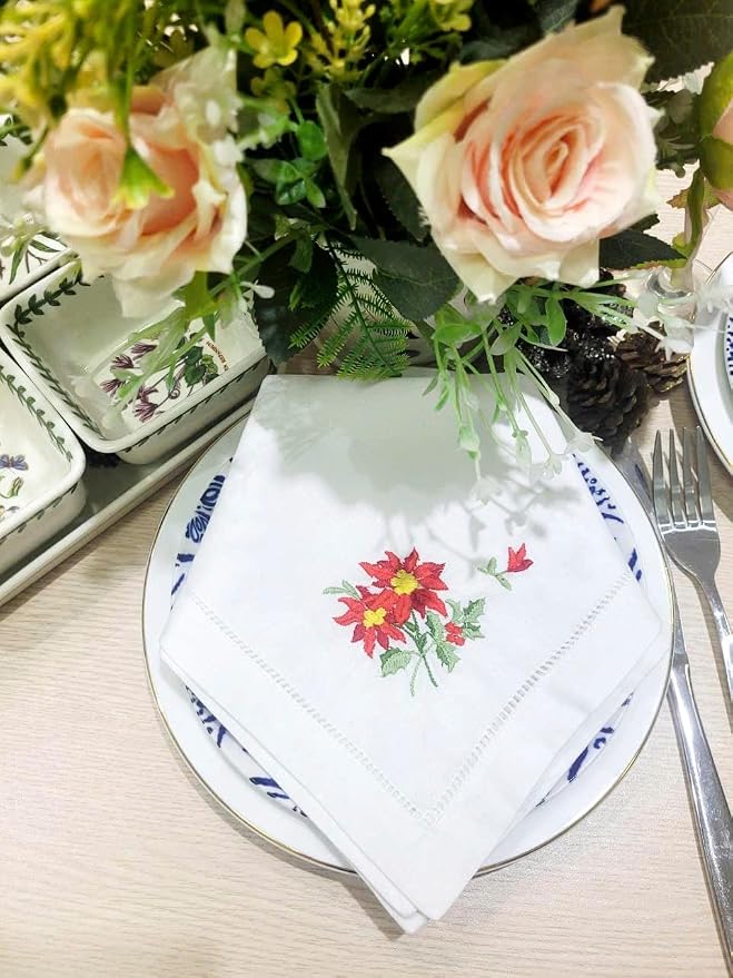 Embroidered Cloth Napkin Red Poinsettia and Holly Christmas Cotton Napkins Set of 6, 20 x 20 Hemstitch Table Napkins Machine Washable, Daily & Holidays, Great Gift Ideas - Image 9
