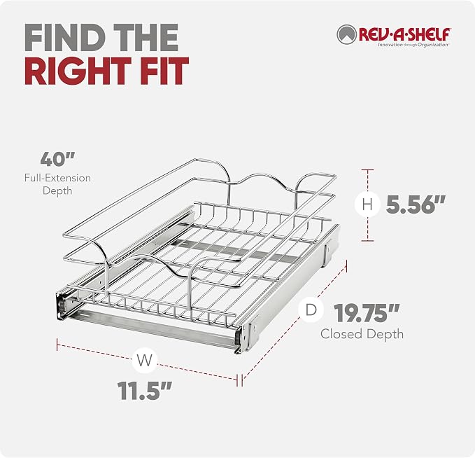 Rev-A-Shelf Steel Wire Pullout Drawer Organizer Shelf for Kitchen Cabinets, Slide Out Storage Basket, Min Opening Width of 11.5", 12" x 20", 5WB1-1220CR-1 - Image 9
