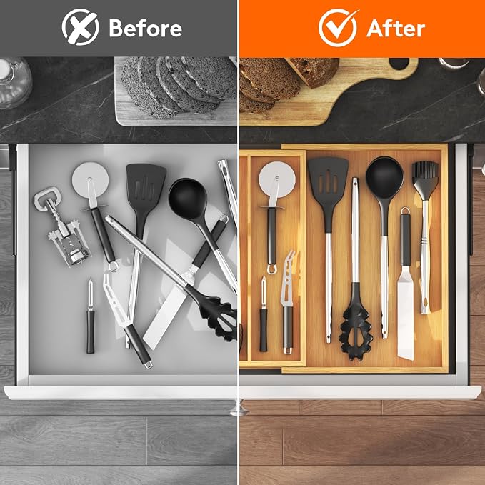 Lifewit Utensil Organizer for Kitchen Drawer, Expandable Cooking Utensil Tray, Cutlery Silverware Flatware Holder, Wood Adjustable Spatula Tools Storage Divider, 30-55 x 40cm, Natural - Image 7