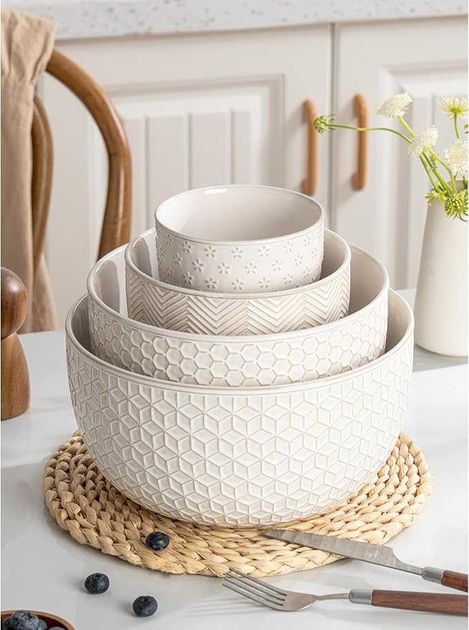 Ceramic Mixing Bowls, Embossed Nesting Bowls Set of 4, Mixing Bowl Set for Serving, Baking, Cooking and Gift, Microwave and Dishwasher Safe, 20/47/99/148 oz, Off-White - Image 9