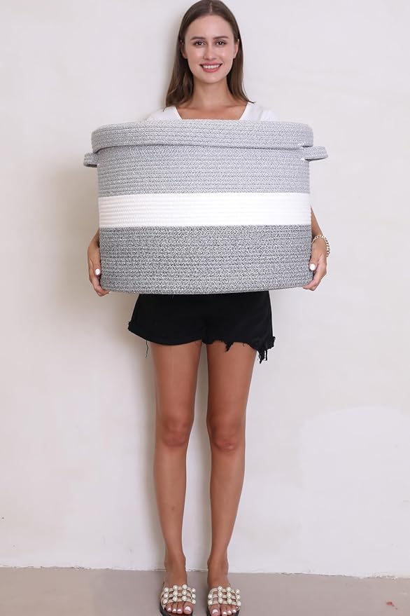 20x15 Inch Extra Large Round Cotton Rope Storage Basket with Lid, Decorative Woven Bin with Cover for Living Room Bedroom Closet, Dual Grey - Image 8