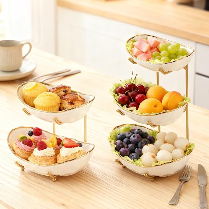 2 Tier Ceramic Fruit Bowl for Kitchen Counter with Metal Rack, Fruit Basket with Stand, Porcelain Bowls for Vegetable Bread Candy Snack Nuts Dessert Cake Tray (Gold 2 layer) - Image 7