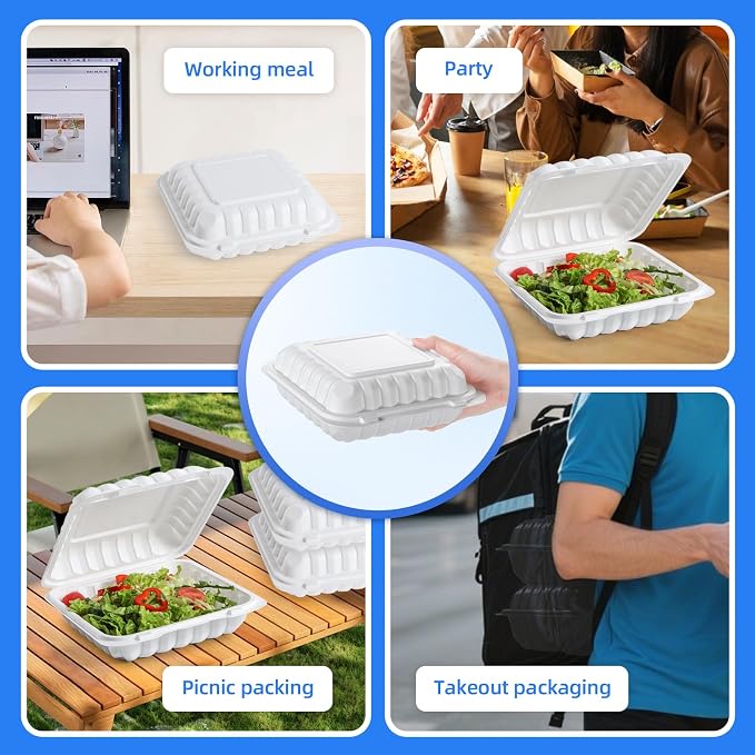 YANGRUI 55-Pack 34oz 8" White Takeout Boxes with Shrink Wrapped No Pre-Wash | Heavy Duty Mineral PP Microwave & Freezer Safe BPA Free Hinged Lunch Containers for Sandwiches, Pizza & Meal Prep - Image 6