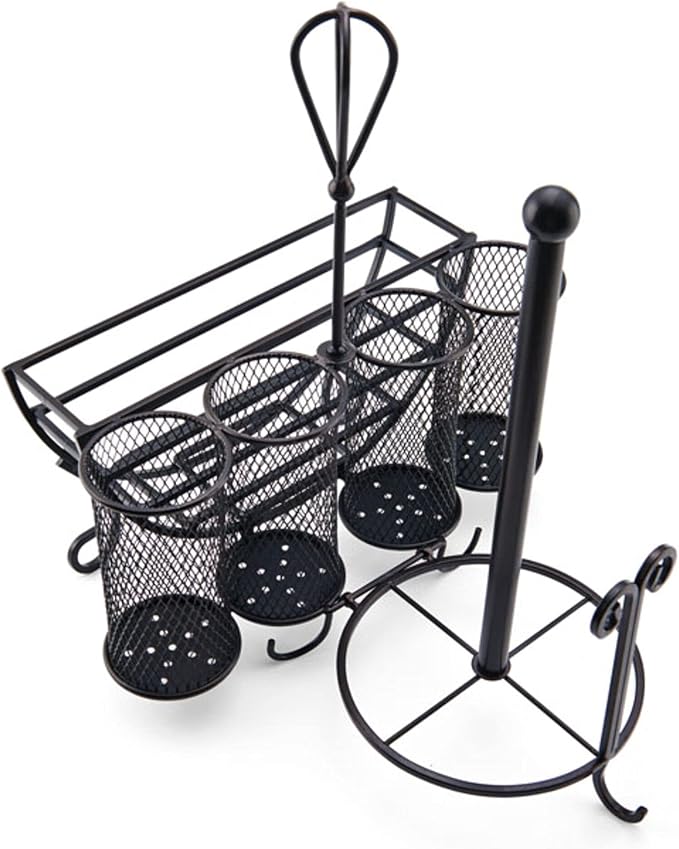 Mikasa Gourmet Basics Avilla Picnic Caddy, Antique Black Finish, Paper Plate Organizer with Flatware Canisters and Paper Towel Spindle, 15 x 14 x 13 in - Image 6