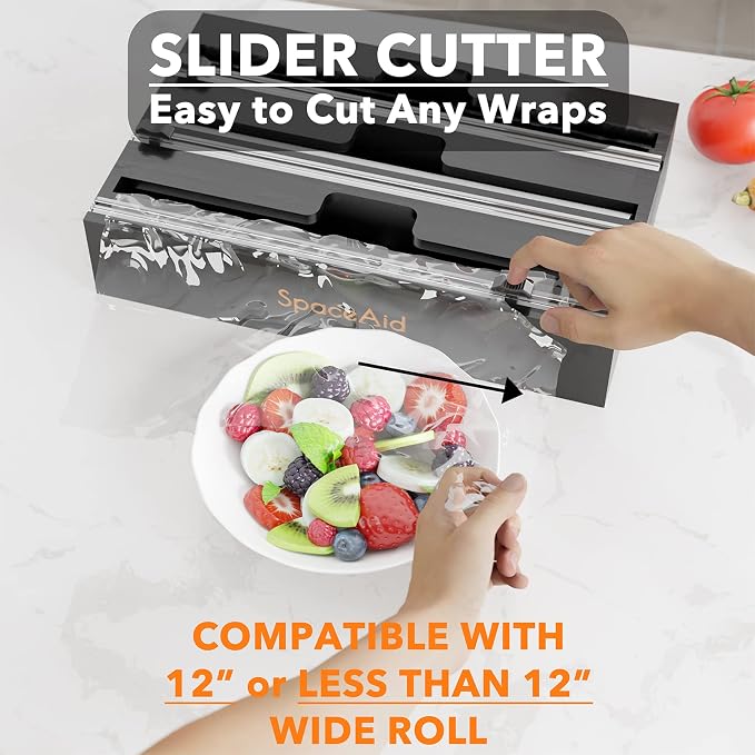 SpaceAid WrapNeat 3 in 1 Wrap Organizer with Cutter and Labels, Plastic Wrap, Aluminum Foil and Wax Bamboo Dispenser for Kitchen Storage Organization Holder for 12" Roll (Black) - Image 5