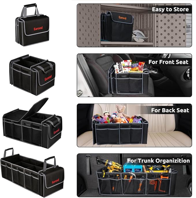 Collapsible Trunk Organizer with Insulated Leakproof Cooler Bag,Removable Lid,Adjustable Securing Straps,3 Compartments Trunk Organizer for SUV,Truck,Sedan(Grey & Black) - Image 7