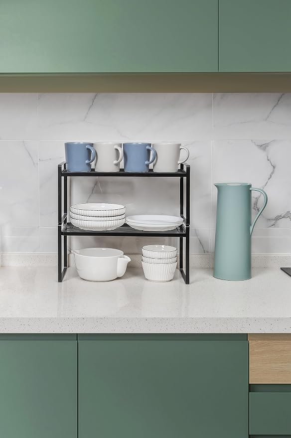 Shantton Cabinet Shelf Organizer, Pantry Shelf Rack, Black 16.1x10.6x7.3 | 2-Pack Stackable Metal Riser Holds 40LBS with Non-Slip Feet for Kitchen Pantry Bathroom Countertop Freezer Cupboard - Image 6