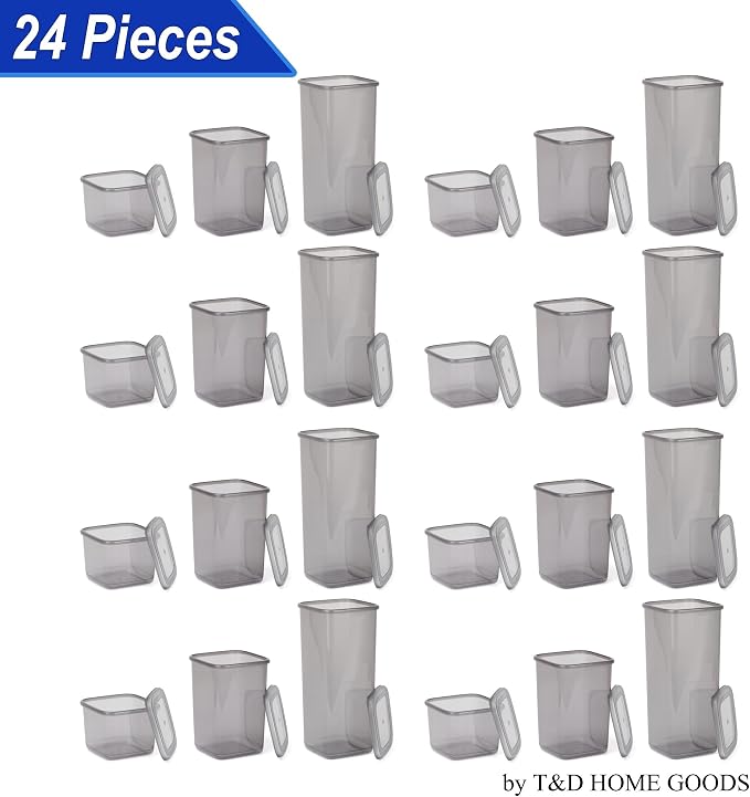 T&D HOME GOODS Storage Jars with Lid, Airtight, Set of 24 Storage Containers, BPA-Free, Storage Container for Cereal, Flour, Kitchen, Practical Organiser Kitchen, (24, 3 Square diff size) - Image 9