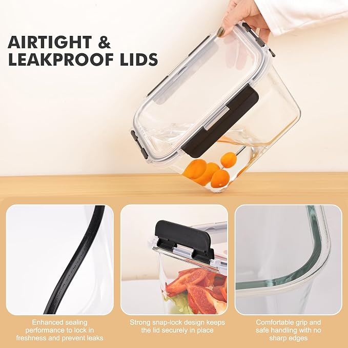 Liuruiyu 2 Pack Large Glass Food Storage Containers with Lids, 63oz Big Meal Prep Containers, Airtight Bento Boxes with Leak Proof Locking for Microwave, Oven, Freezer and Dishwasher, BPA Free - Image 7