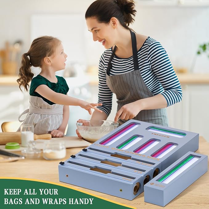 Calmbee 9 in 1 Bamboo Storage Bag Organizer for Kitchen Drawer – Plastic Wrap Dispenser with Cutter & Foil Organizer, Wooden Baggie Organizer for Sandwich, Snack, Gallon, Quart Sizes, Grey - Image 7