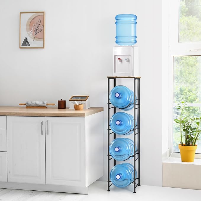 ETELI 5 Gallon Water Bottle Holder Organizer 4 Tier Water Cooler Jug Rack with Storage Shelves Water Bottle Dispenser Stand for Kitchen Living Room Office, Black and Brown - Image 7