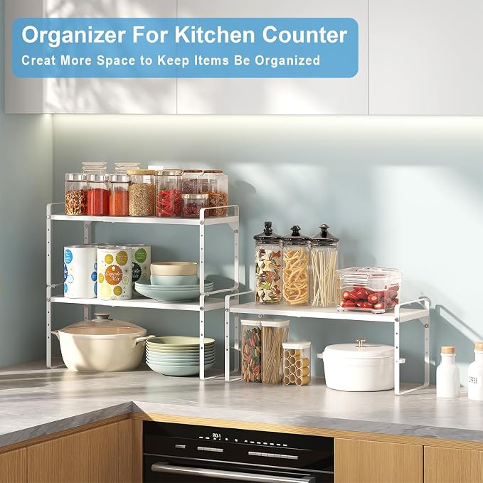 Set of 2 Expandable Cabinet Shelf Organizer, Stackable Kitchen Countertop Shelves Spice Racks, Small Storage Shelf For Cupboard Counter Tabletop, 30 LBS Heavy Duty, Adjustable, 13.8" to 21.6" Long - Image 8