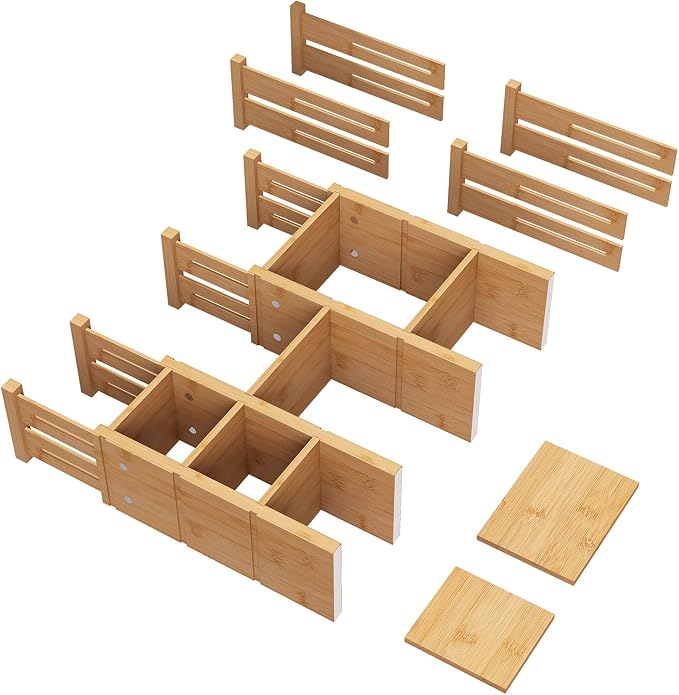 4.4" High Drawer Dividers with Inserts, Bamboo Drawer Dividers for Clothes, Expandable from 12-17.5", Adjustable drawer organizer for Bedroom, Kitchen & Office, 4 Dividers with 8 Insert. - Image 7