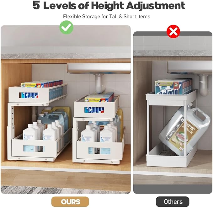2 Packs 21IN Depth Under Sink Organizer, 2-Tier Pull Out Cabinet Organizer With Smooth Circular Rail, Large Capacity Metal Mesh Sliding Drawers For Bathroom& Kitchen Storage,Height Adjustable –White - Image 8