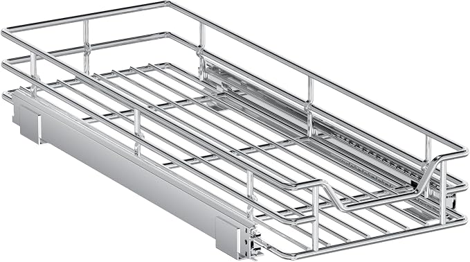 Pull Out Cabinet Organizer, 9" W x 21.5" D, Heavy Duty Chrome Slide Out Shelf for Narrow Base Cabinets, Sliding Wire Basket Drawer for Spices, Bottles, Snacks & Cleaning Supplies - Image 9