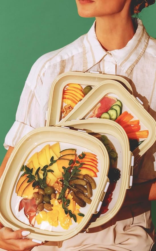 Crudités Portable Stretch-Lid Snack Tray, Square 2-Pack, Cream White - Image 9