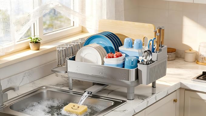 Dish Drying Rack, 304 Stainless Steel Dish Racks for Kitchen Counter | Dish Drainers with Automatic Drainage, Utensil Holder & Cups Holder, Space Saving Kitchen Organizer, Gray - Image 9