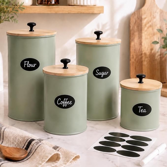 Kitchen Canister Set of 4 Airtight Metal Containers with Bamboo Lids, Green | Flour sugar coffee tea canisters set with bamboo lids, customizable chalkboard labels & marker pen - Image 7