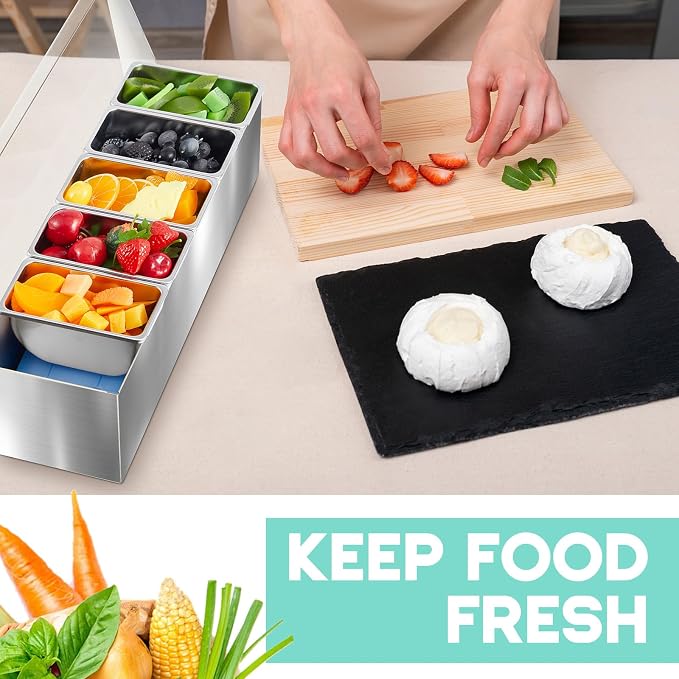 Boao 6 Slot Ice Chilled Stainless Steel Condiment Caddy with 4 Ice Packs, 20oz Compartment Garnish Tray, Toppings Containers with Lids for Summer Bar BBQ Picnic Sauce Fruit Party Food Station - Image 7