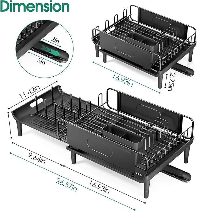 Urackify Expandable Dish Drying Rack with Drainboard for Kitchen Counter | Expands from 16.9 to 26.6 inches to fit more dishes, plates with fast drainage and flexible placement for any sink - Image 7